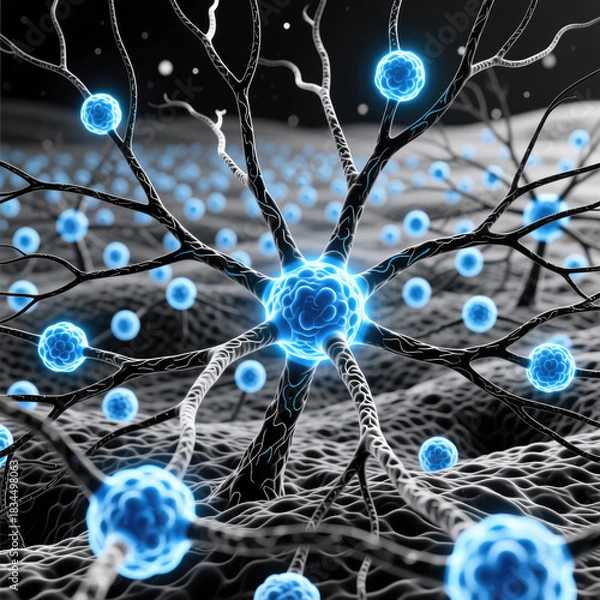 Obraz Visualisation microscopique d’un réseau neuronal complexe en bleu et noir