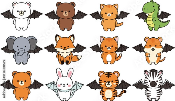 Obraz Cartoon animals with bat wings in cute chibi style, whimsical character grid vector illustration for Halloween or fantasy themes