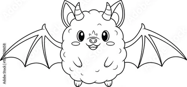 Obraz Cartoon bat-sheep hybrid creature with wings, horns, and fangs, black and white whimsical character illustration for coloring pages