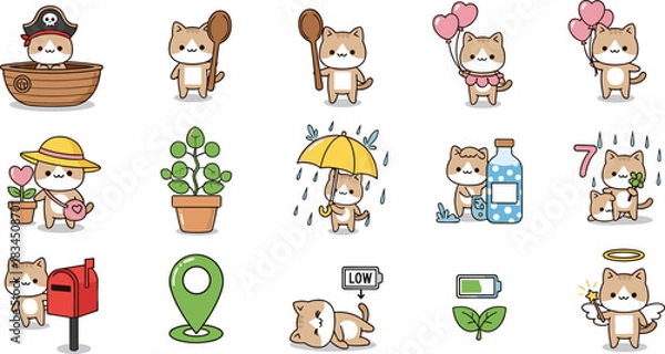 Obraz Cartoon cat in various poses and costumes, cute character set, whimsical activities, themed icons, playful vector illustration grid