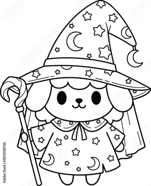 Obraz Cartoon dog wizard with magic staff, celestial hat and cloak, cute fantasy character, black and white vector illustration for coloring