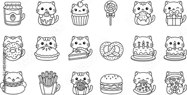 Obraz Cartoon cats with food items in playful black and white style, cute character grid, whimsical vector illustration for coloring