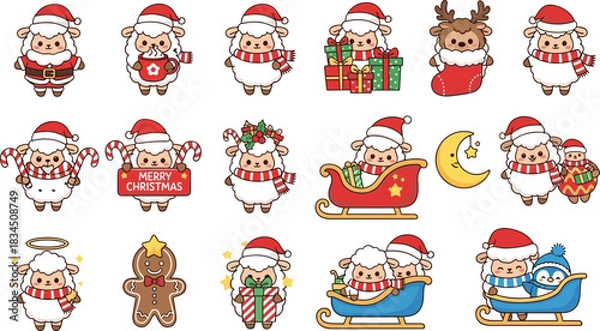 Obraz Cartoon sheep in Christmas costumes and festive poses, cute holiday character grid, cheerful seasonal vector illustration with decorations
