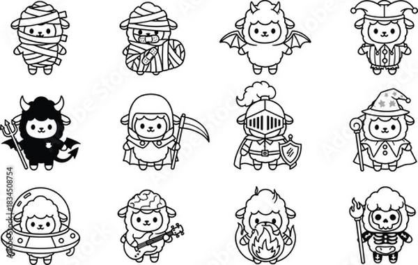 Obraz Cartoon sheep in fantasy, horror, and sci-fi costumes, cute character grid, whimsical themed vector illustration for creative content
