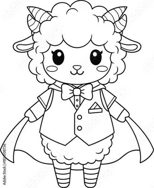 Obraz Cartoon sheep in formal suit with cape and bow tie, whimsical character design, cute vector illustration, stylish animal theme