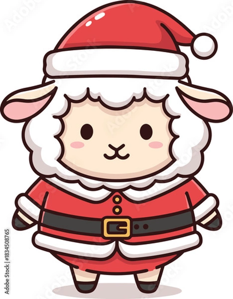 Obraz Cartoon sheep in Santa Claus costume with hat and belt, cute festive character vector illustration for holiday-themed content