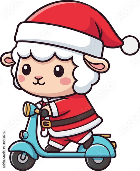 Obraz Cartoon sheep in Santa costume riding scooter, festive Christmas character, holiday illustration, whimsical winter theme, cute vector art