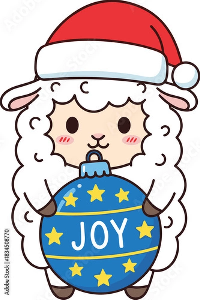 Obraz Cartoon sheep in Santa hat holding Christmas ornament with stars and JOY text, cute festive character vector illustration