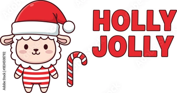 Obraz Cartoon sheep with candy cane and HOLLY JOLLY text, cute festive character vector illustration for Christmas holiday content
