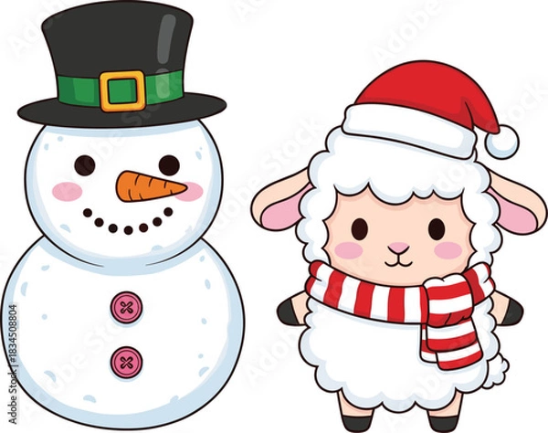 Obraz Cartoon snowman and sheep in winter holiday costumes, festive Christmas characters, cute seasonal illustration, cheerful vector art, joyful theme