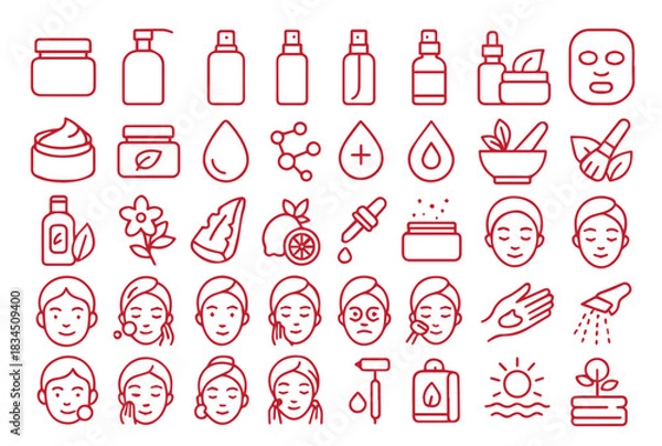 Obraz Skincare Outline Icon Set. Beauty, Cosmetic, and Natural Ingredients Vector Icons. Contains icons such as Cream Jar, Face Mask, Serum, Moisturizer, Aloe Vera, and Facial Treatment.