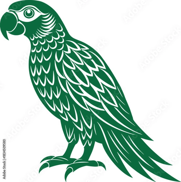 Obraz Green Parrot Silhouette with Feather Patterns on White Background