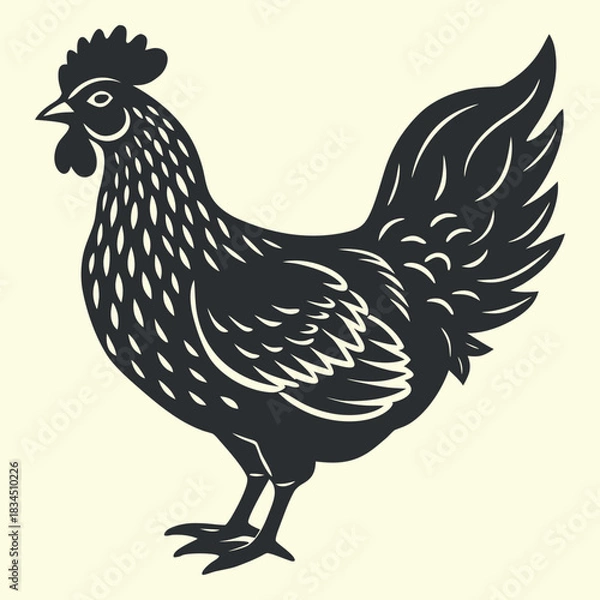 Obraz White isolated cartoon farm bird silhouette illustration of a cute rooster, hen, and chick poultry animal