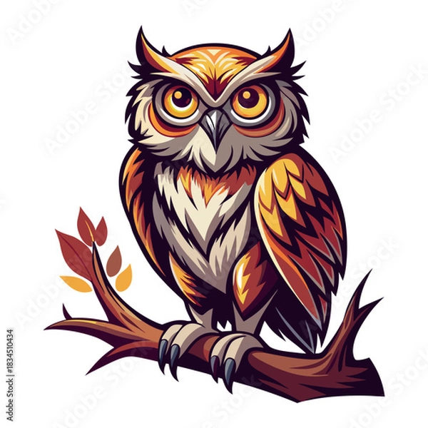 Obraz Stylized owl perched on a branch with autumn leaves