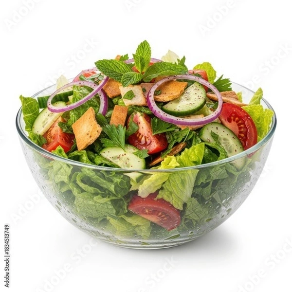 Obraz Fresh and vibrant fattoush salad in a glass bowl