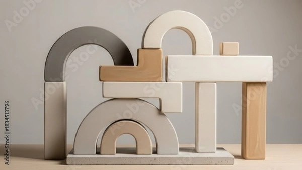 Obraz Abstract geometric sculpture with neutral tones and arches