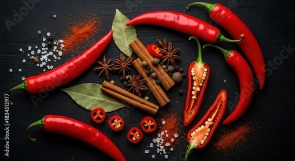 Obraz Vibrant red chili peppers and spices on a dark background