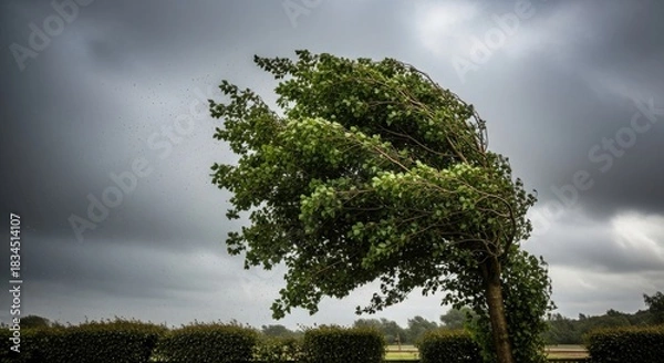 Obraz Tree bending in strong winds under a stormy sky