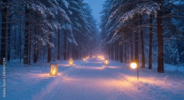 Obraz Magical winter forest path lined with glowing lanterns at dusk