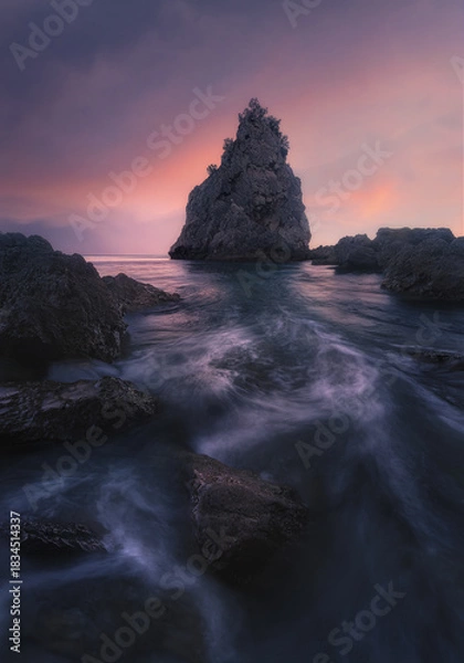 Obraz Rock Formation and Ocean Flow at Sunset, Sesimbra Coast, Portugal