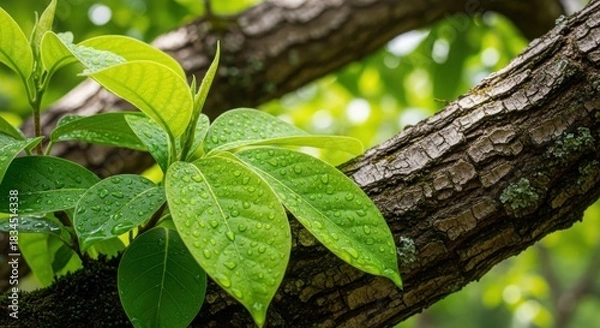 Obraz New avocado leaves sprouting on a textured tree branch