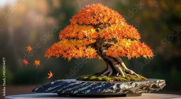 Obraz Autumn bonsai tree with falling leaves in soft light