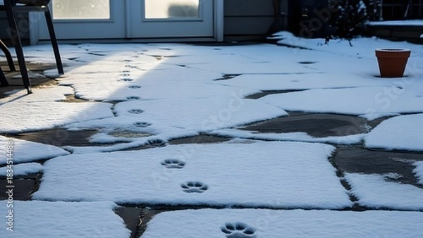 Fototapeta Small Animal Paw Prints Trailing Across a Patio Covered in a Thin Layer of Fresh Snow and Flagstones in Morning Sunlight