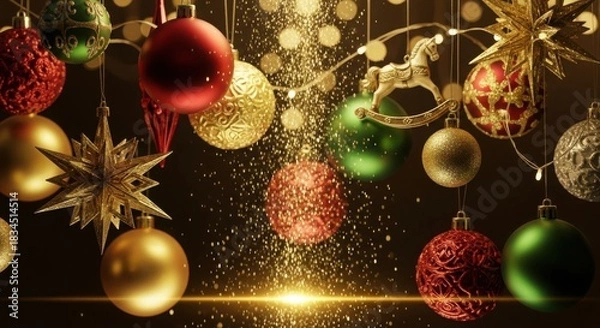 Obraz Sparkling christmas ornaments and festive lights create a magical holiday scene