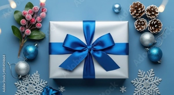 Obraz Elegant white gift box with blue ribbon and winter decorations