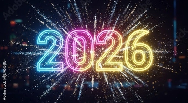 Obraz Vibrant neon 2026 year number illuminated against festive fireworks display