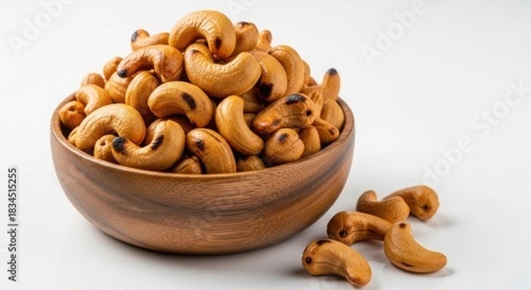 Obraz A wooden bowl overflowing with roasted cashew nuts