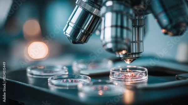 Obraz High Magnification Microscope Examining Cell Samples in Petri Dishes Closeup