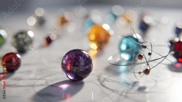 Obraz Mystical Spheres: A Colorful Glass Marble Collection with Atom Model