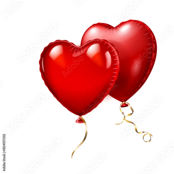 Fototapeta Two shiny red heart-shaped balloons with golden ribbons floating on a plain white background, symbolizing love and celebration.