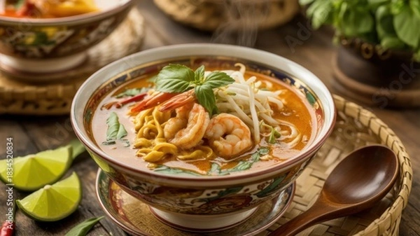 Fototapeta National dishes of Bruneian cuisine. 
Curry laksa noodles in curry sauce with boiled chicken.