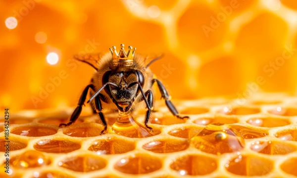 Obraz A beautiful queen bee in a golden crown sits on a honeycomb filled with fresh amber honey.