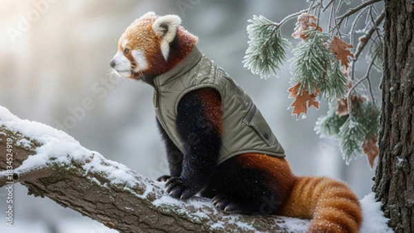 Obraz Red panda wearing a warm vest sitting on a snowy tree branch in winter forest. Cute animal fashion concept for pet clothing advertisement.