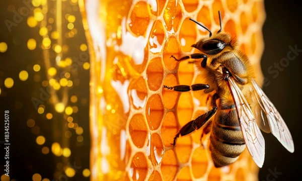 Obraz A close-up of a beautiful queen bee sitting on a honeycomb, eager to feast on fresh amber honey.