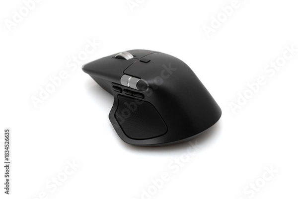 Obraz Black Ergonomic Computer Mouse With Side Scroll Wheel On White Background