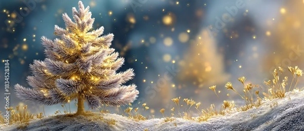 Fototapeta Frost-Covered Christmas Tree with Twinkling Lights in a Snowy Landscape at Dusk, creating a Magical Holiday Scene with Golden Bokeh and Soft Focus, evoking a Festive Mood