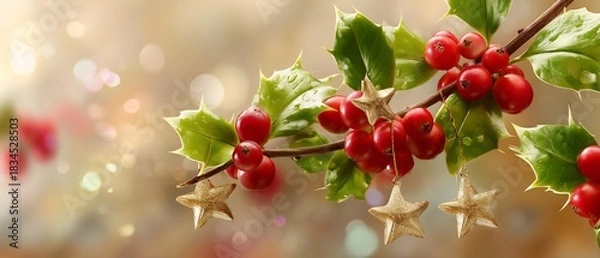 Fototapeta Holly Leaves with Red Berries and Golden Star Decorations, creating a Festive Christmas Border with Soft Lighting, a Warm Tone, and Copy Space for Holiday Greetings