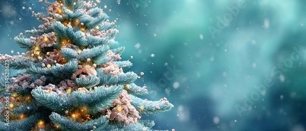 Obraz Festive Christmas Tree with Snowfall and Bokeh Lights for Holiday Greetings, captured in high resolution with a soft, dreamy atmosphere, evoking winter magic