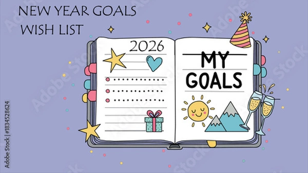 Fototapeta New Year 2026 Goals and Wish List Planning with Celebratory Elements Illustration and Colorful Decorations for Positive Motivation and Achievement in Planning and Reflection