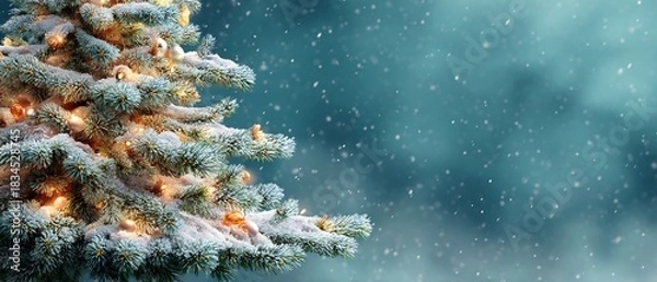 Fototapeta Snowy Christmas Tree with Glowing Ornaments and Bokeh, ideal for festive holiday cards and seasonal greetings, creating a cozy winter wonderland atmosphere