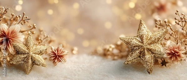 Fototapeta Elegant Christmas Card Layout with Golden Stars and Floral Accents on a Snowy Surface, perfect for luxurious holiday greetings with soft, warm lighting