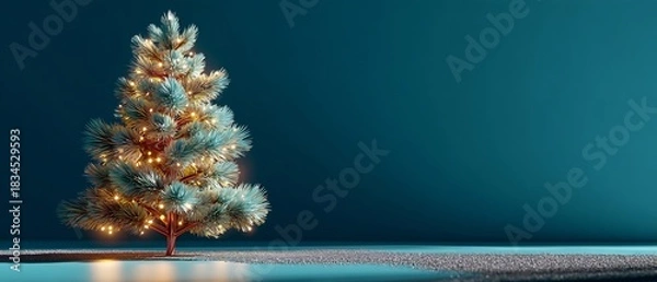 Fototapeta Festive Christmas Tree with Warm Golden Lights on Teal Background with Copy Space for Holiday Greetings and Celebrations with Cinematic Lighting
