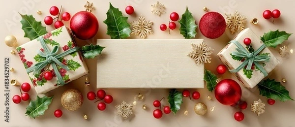 Fototapeta Festive Christmas Flat Lay with Gifts, Baubles, Holly, and Snowflakes on Beige Background for Holiday Greetings and Celebrations with Natural Light