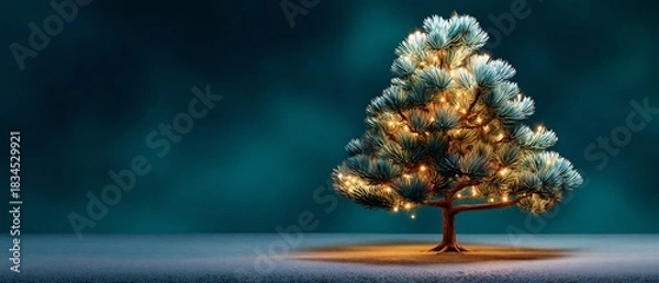 Fototapeta Enchanting Christmas Tree with Warm Lights on Dark Teal Background, Perfect for Holiday Greeting Cards and Festive Designs with Copy Space, Moody Lighting, and Elegant Details
