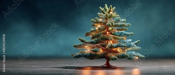 Obraz Minimalist Christmas Card Design Featuring a Small Decorated Tree with Warm Lights Against a Moody Dark Background, Ideal for Festive Greetings and Holiday Wishes