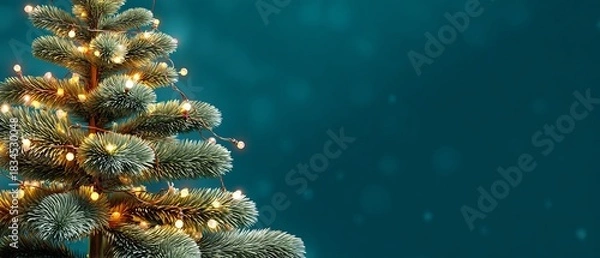 Fototapeta Close-Up of a Festive Christmas Tree Branch Adorned with Warm Glowing Lights, Perfect for Holiday Greeting Cards and Winter Season Designs with Copy Space, and Elegant Details